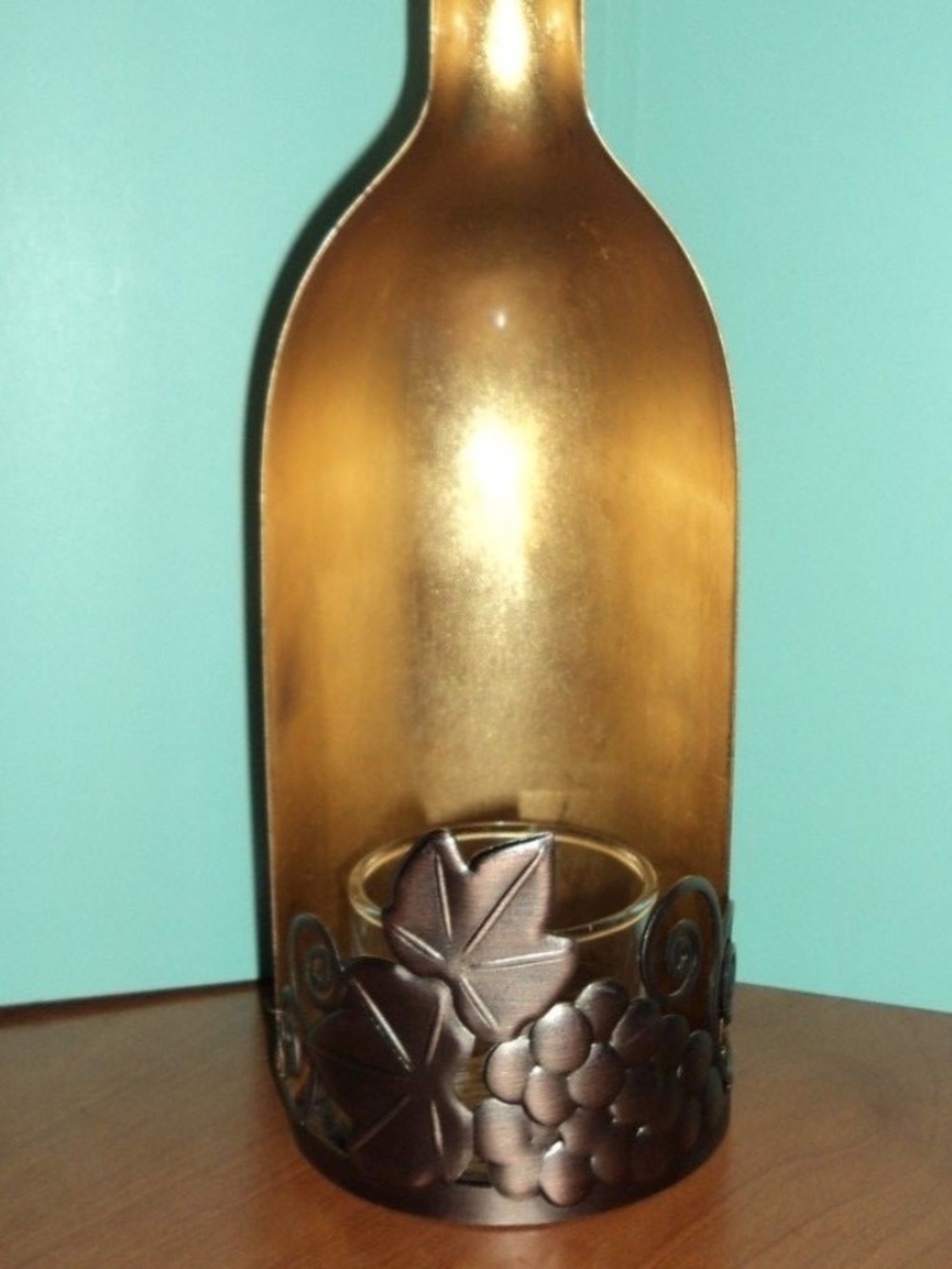 Bath & Body Works Mini Jar Candle Holder Wine Bottle Gold Copper 8.75" high EUC